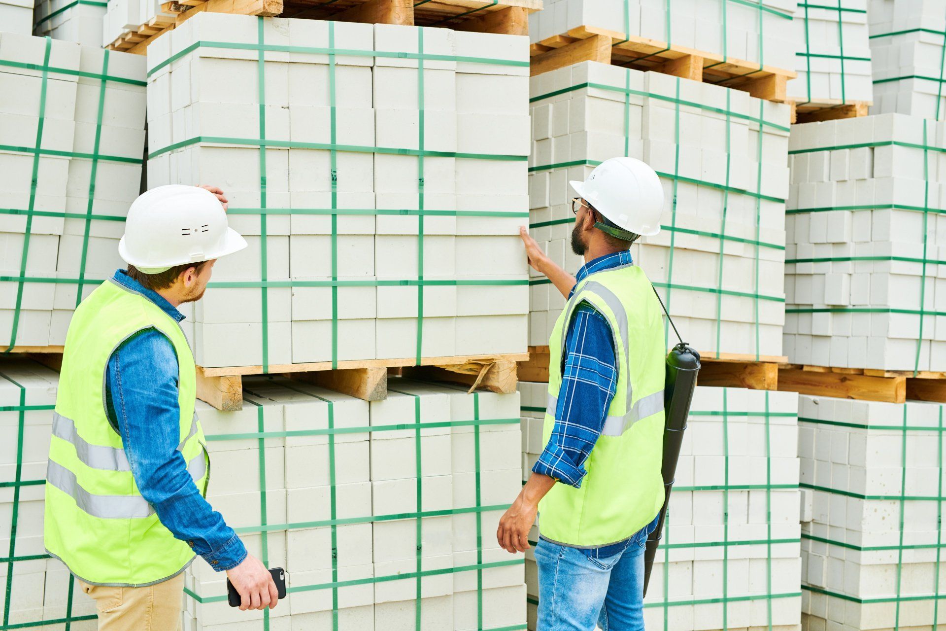 Two workers in safety vests and hard hats inspect pallets of stacked white blocks.