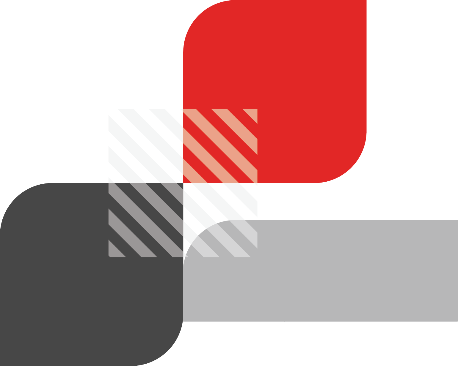 Abstract design: Overlapping shapes in red, gray, and black, with striped squares.
