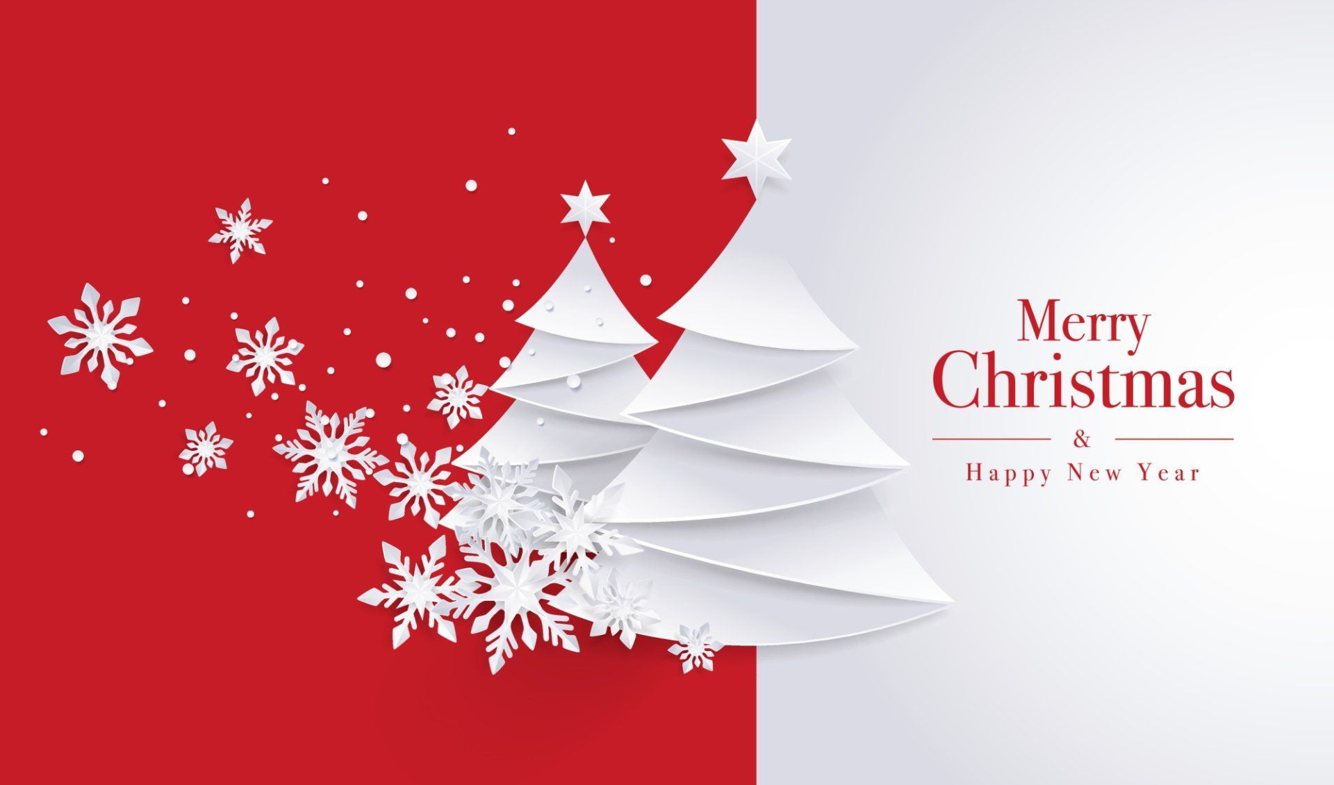 Red and white Christmas-themed graphic with paper-cut trees, snowflakes, and 
