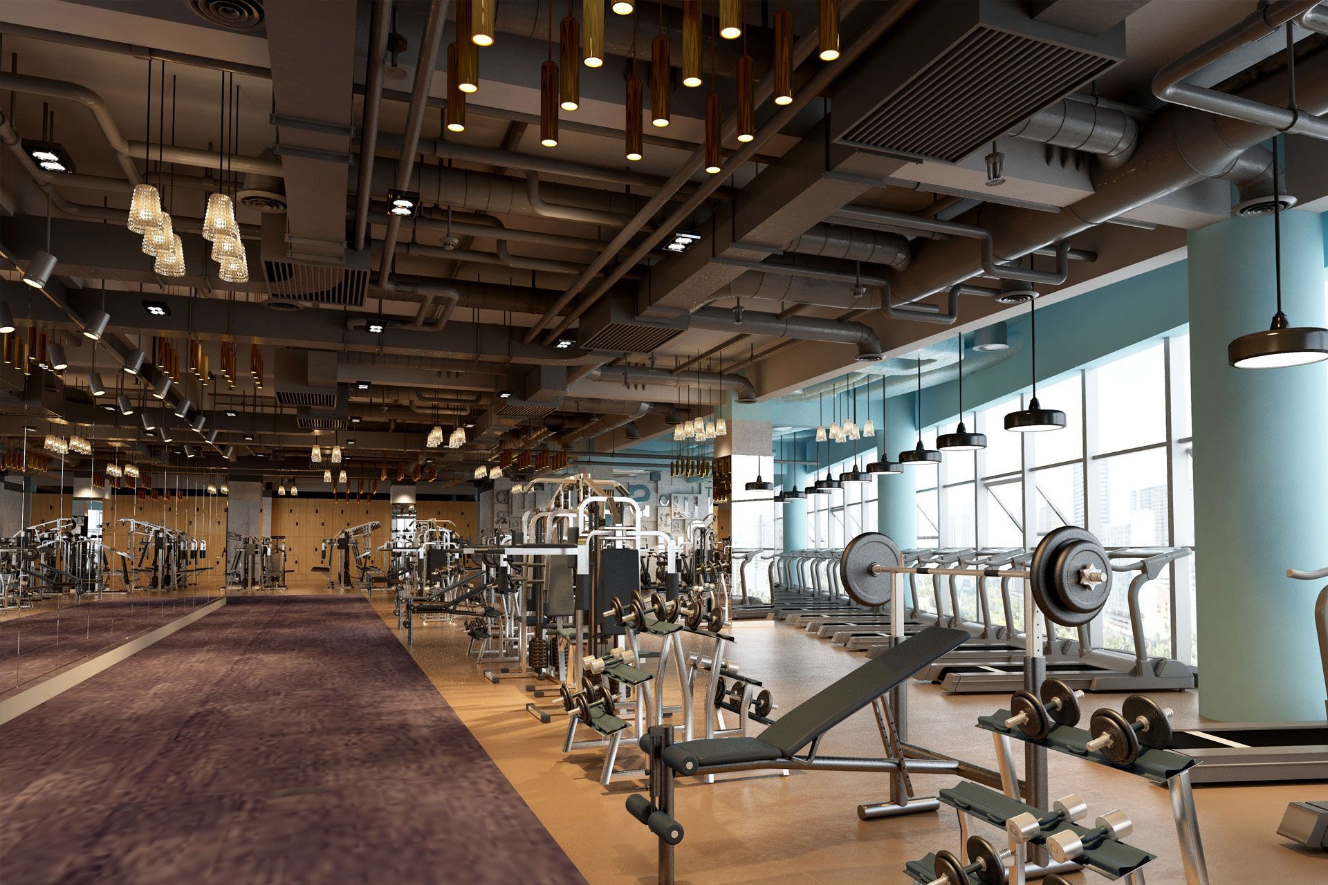 Gym interior with various exercise machines, weights, and large windows.
