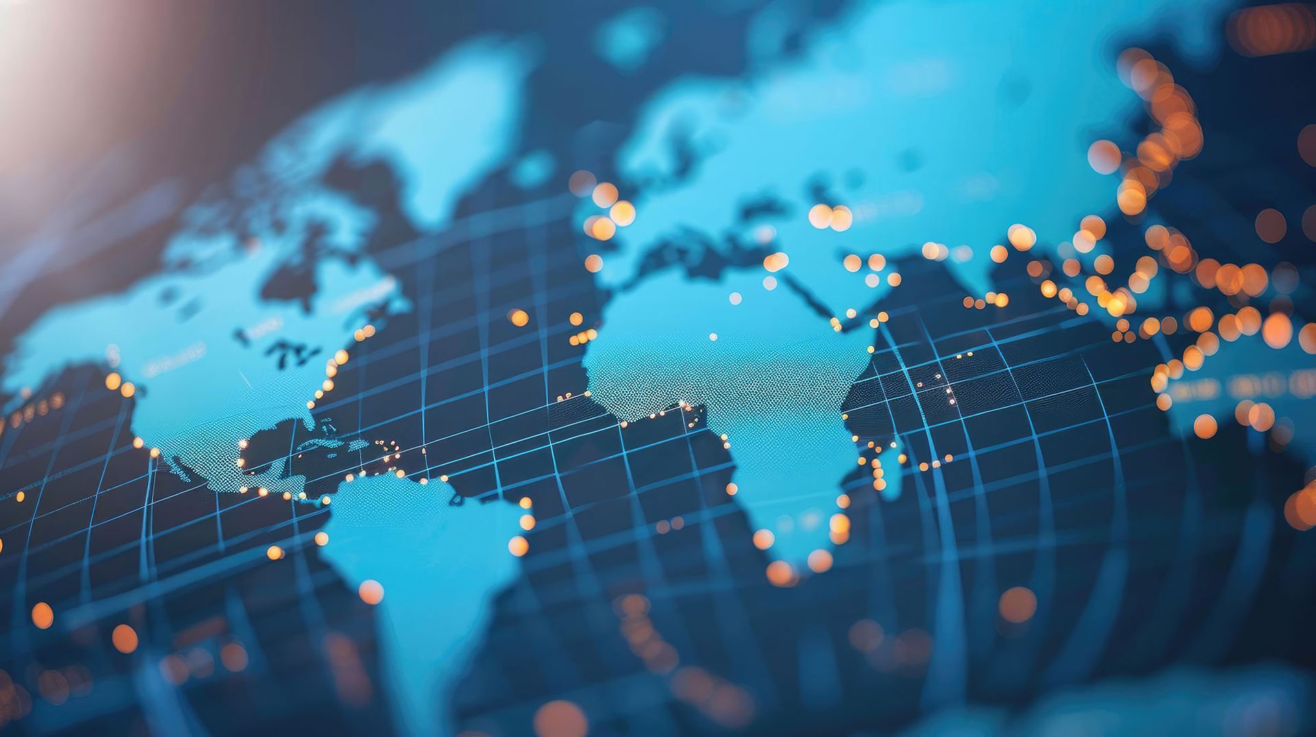 World map with glowing orange lights overlaying continents, suggesting network connections.