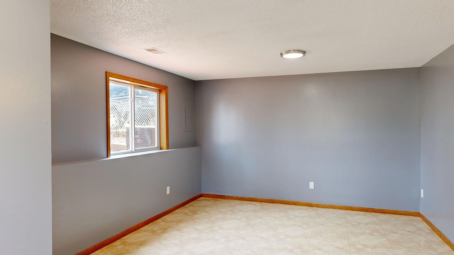 Empty gray bedroom with beige carpet, wood-trimmed window, and baseboards.