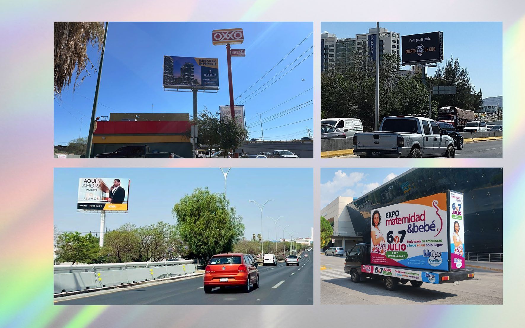 Cuatro anuncios exteriores: vallas publicitarias en edificios y carreteras y un camión con una valla publicitaria al costado.