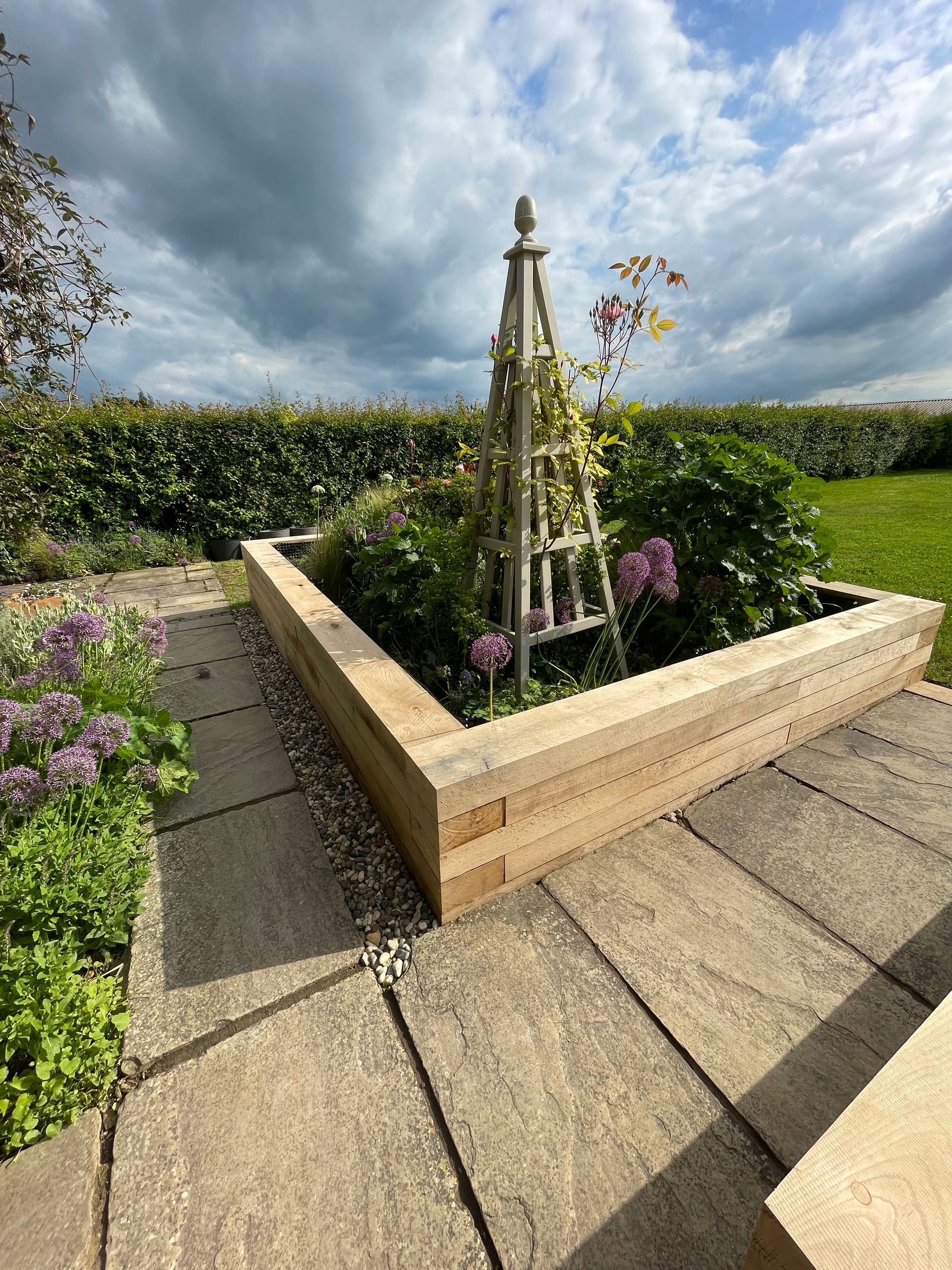 South Cambridgeshire Farmhouse Garden | New Raised Flower Beds in high quality Oak | Gardr
