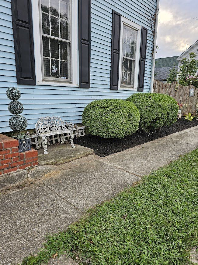 Front yard of a blue house with white benches, trimmed shrubs, brick steps, and a concrete walkway.