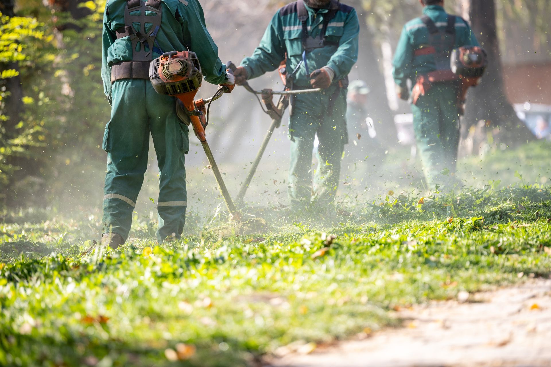 Workers in green uniforms trimming grass with string trimmers in a sunlit park