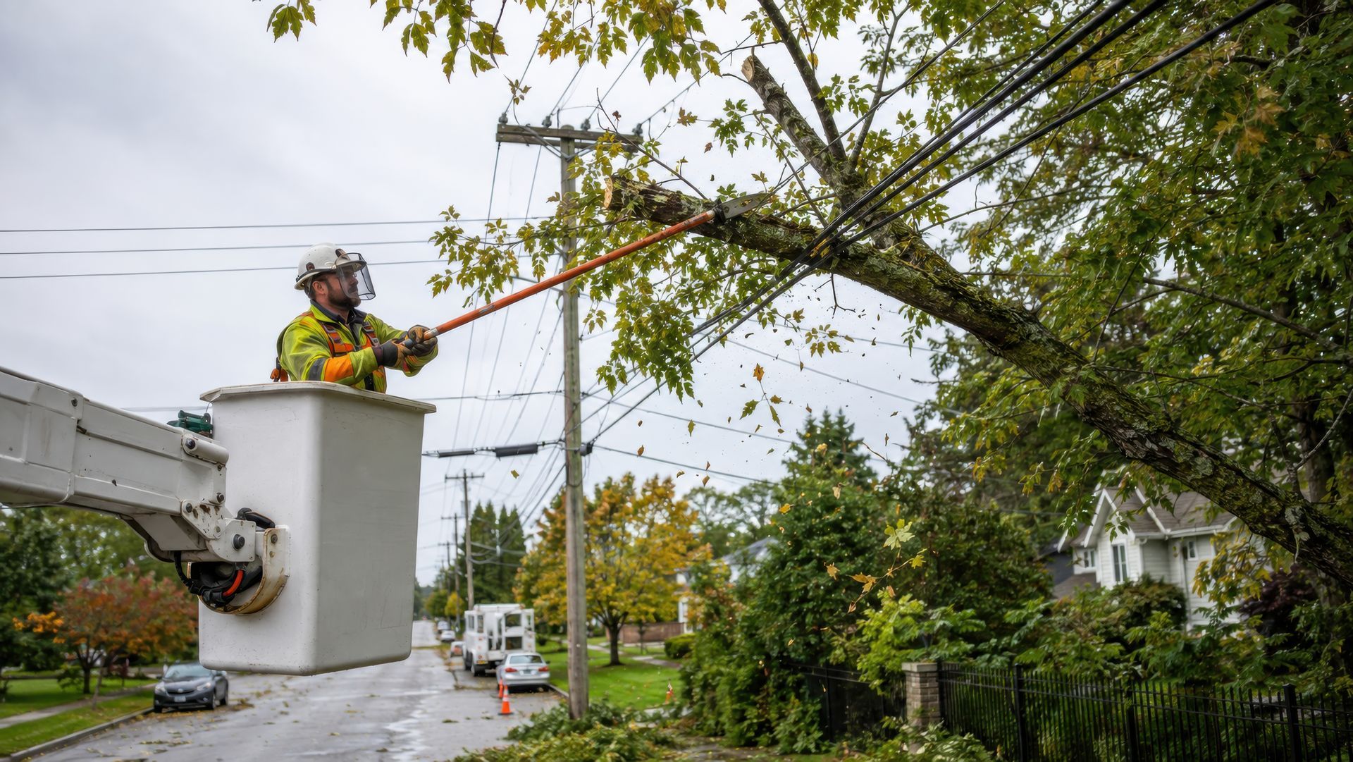 Utility worker in bucket lift trimming tree branches beside a suburban street