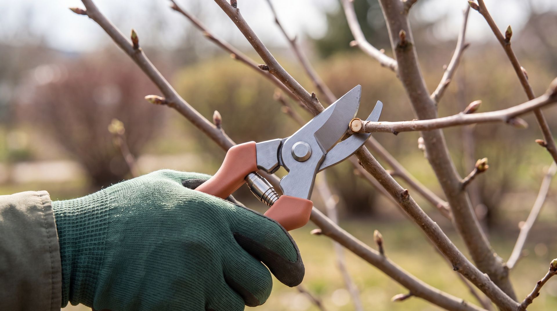 Gloved hand pruning a bare tree branch with garden shears outdoors