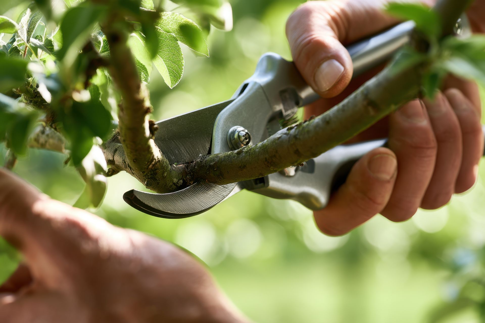 Hands pruning a tree branch with garden shears in a green outdoor setting