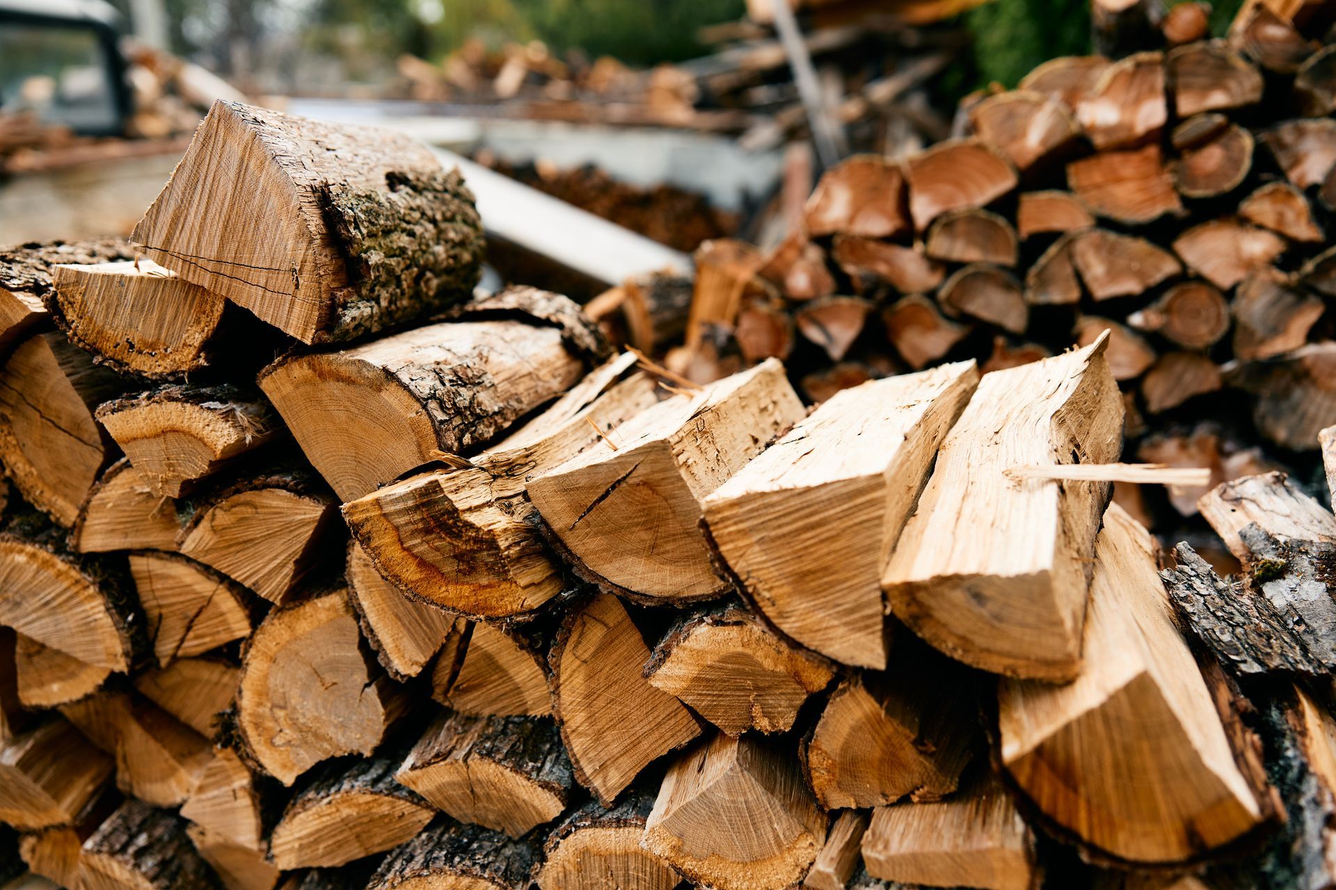 Stacked split firewood logs in a pile, with rough bark and cut ends visible.