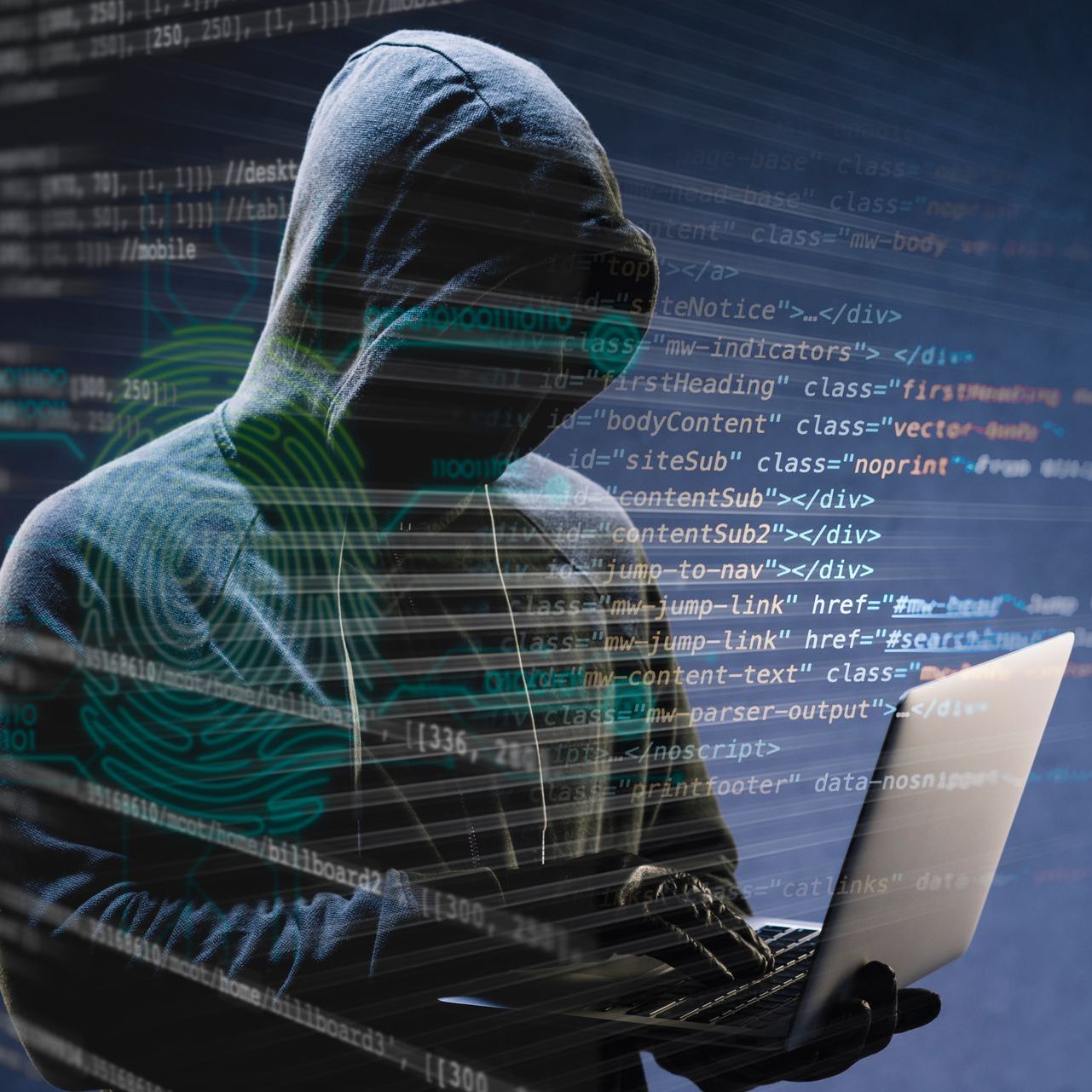Hacker in a hoody using a laptop with code overlay, concept for cybersecurity breach.