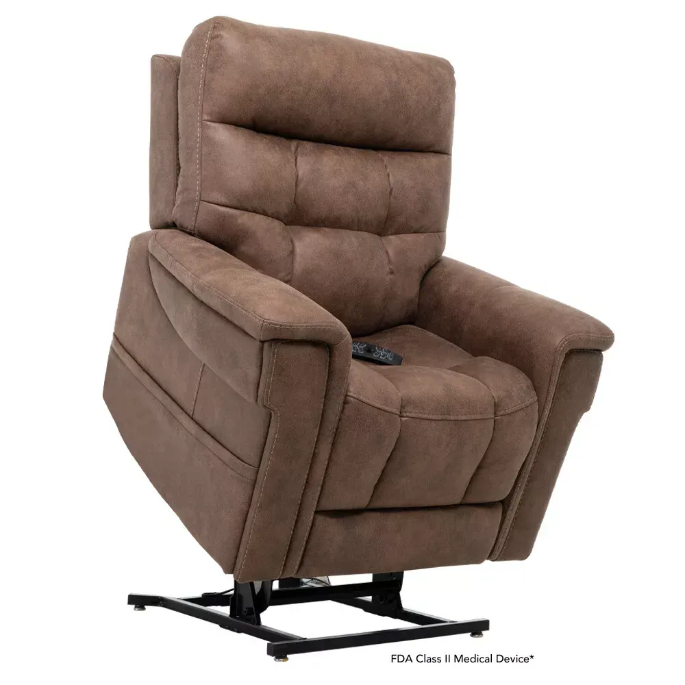 Infinite position lift chair, coil pocketed springs in seat, fully padded chaise, standard lumbar pillow in matching fabric.