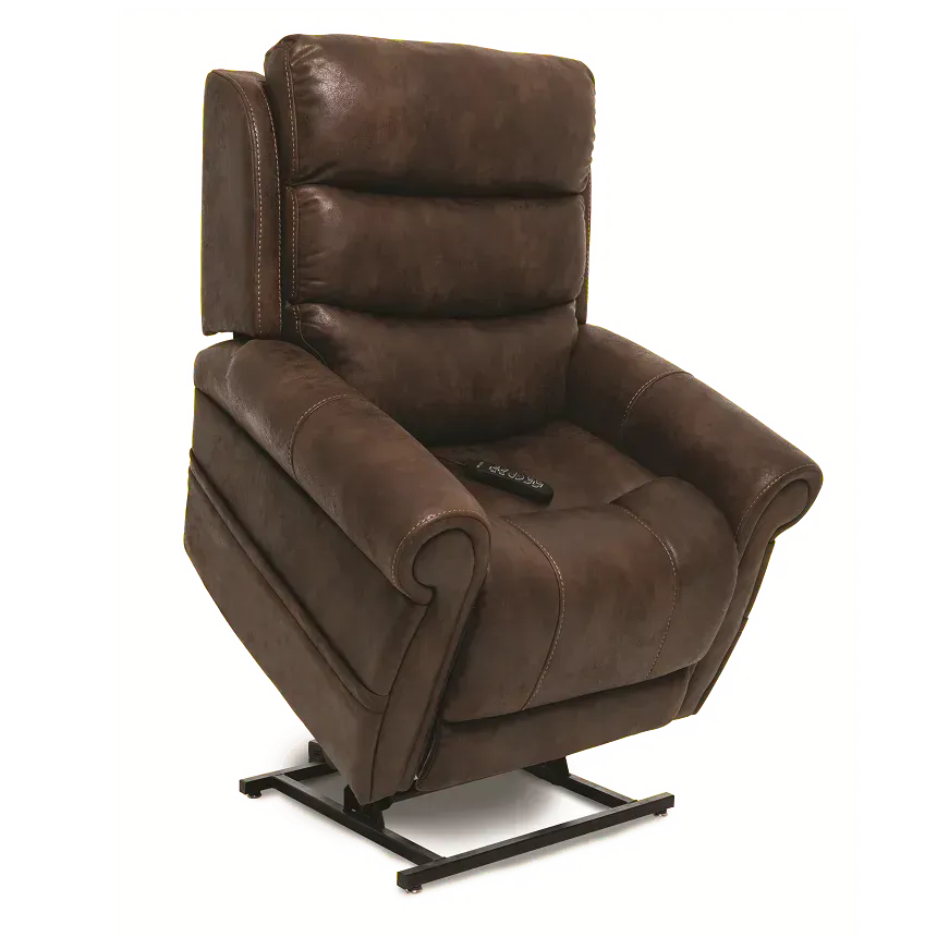 Infinite position lift chair, coil pocketed springs in seat, fully padded chaise, standard lumbar pillow in matching fabric.