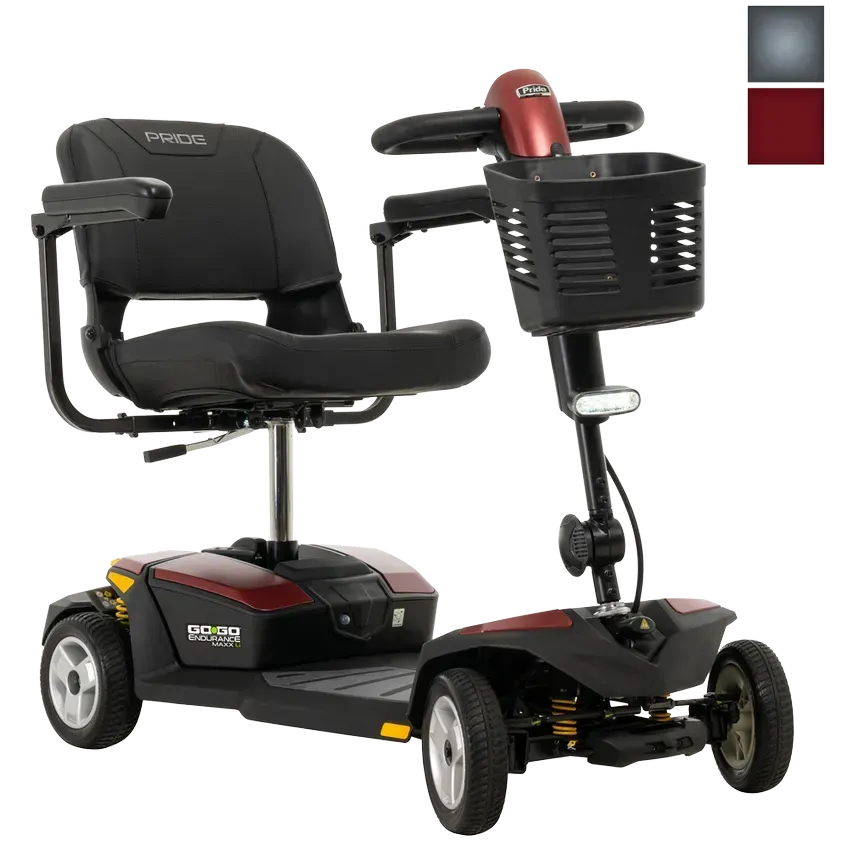 4 wheeled electric scooter with standard 18AH batteries, wraparound delta tiller, flat-free tires, a front basket, and feather-touch disassembly.