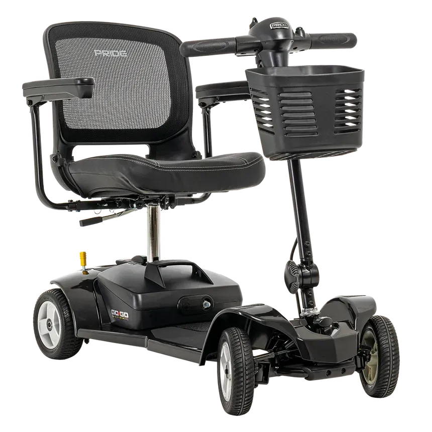 3-wheeled electric scooter comes standard with 18AH battery, wraparound delta tiller, flat-free tires, a front basket and feather-touch disassembly.