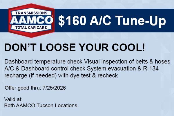 AAMCO ad for $160 A/C tune-up, with “Don’t Lose Your Cool!” and service details on a light blue background