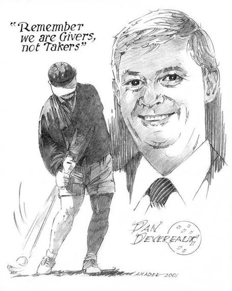Black-and-white cartoon of a smiling man and a golfer with quote: “Remember we are Givers, not Takers.”