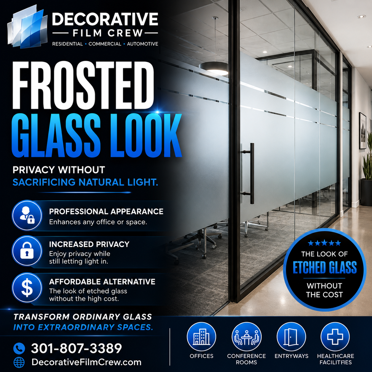 Decorative glass film ad: frosted glass look, privacy benefits, office glass partition interior.