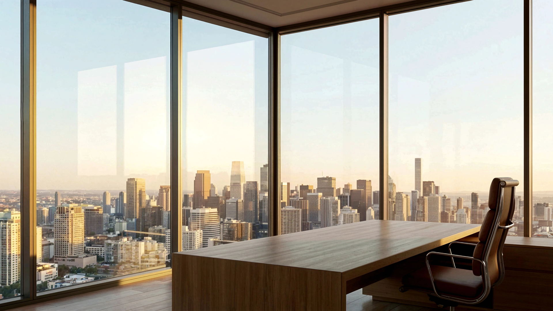 Modern office conference room with floor-to-ceiling windows overlooking a city skyline at sunset.