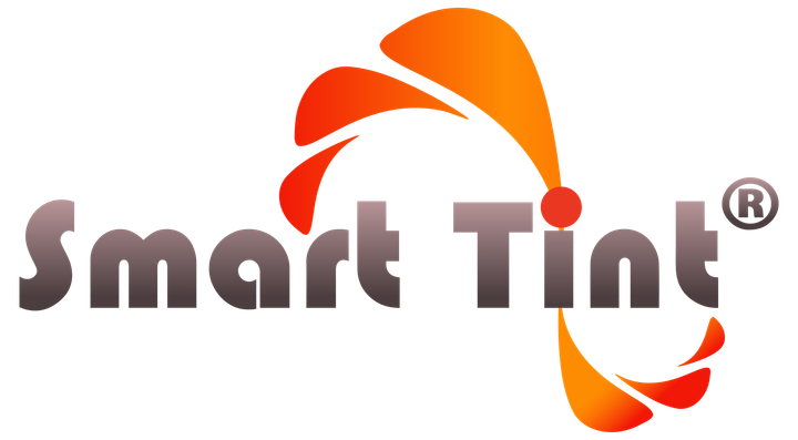 Smart Tint logo in gray and orange with stylized swooshes on a white background