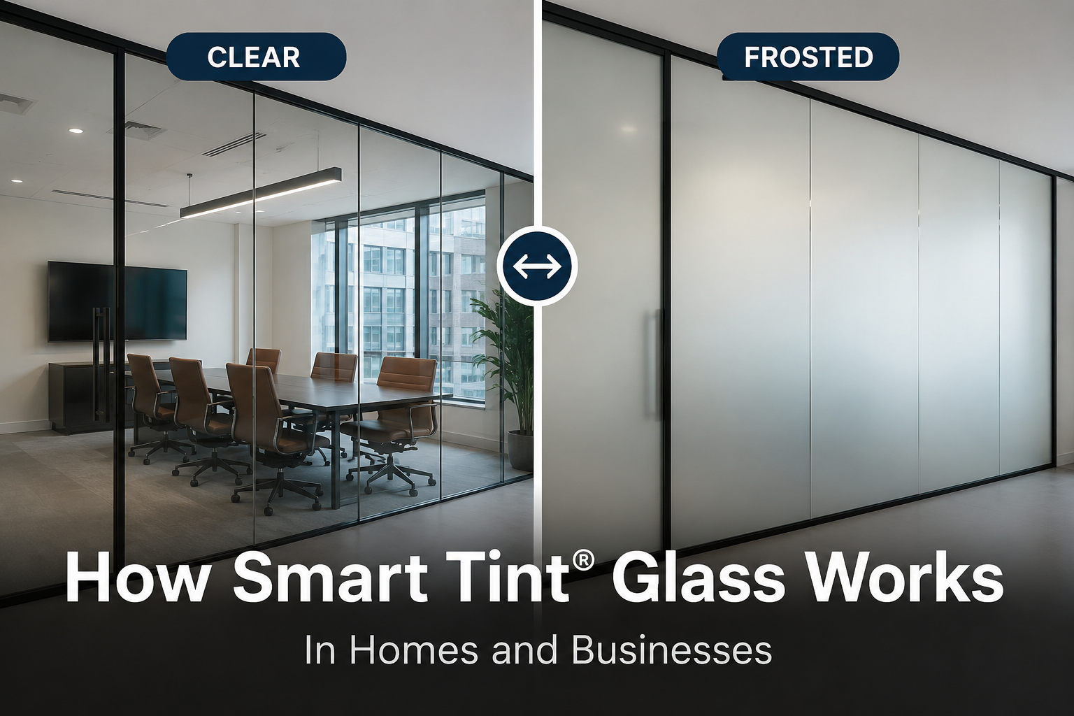 Split view of smart tint glass changing from clear office window to frosted privacy panel