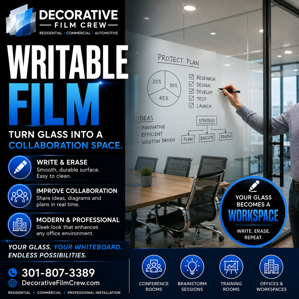 Writable glass office wall ad with blue branding and a person writing on a glass conference room wall