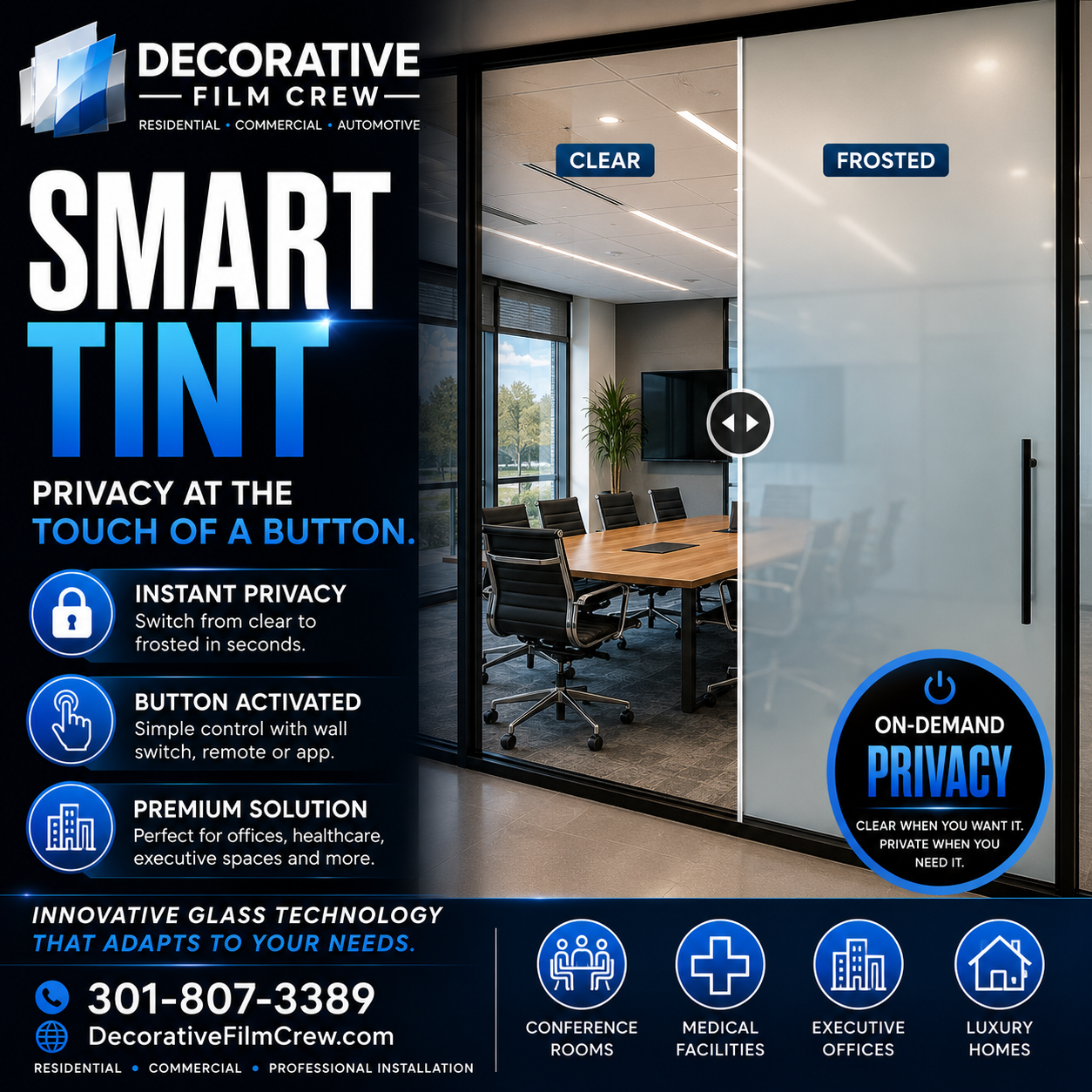 Smart tint window film ad showing clear and frosted glass office doors with “privacy at the touch of a button”