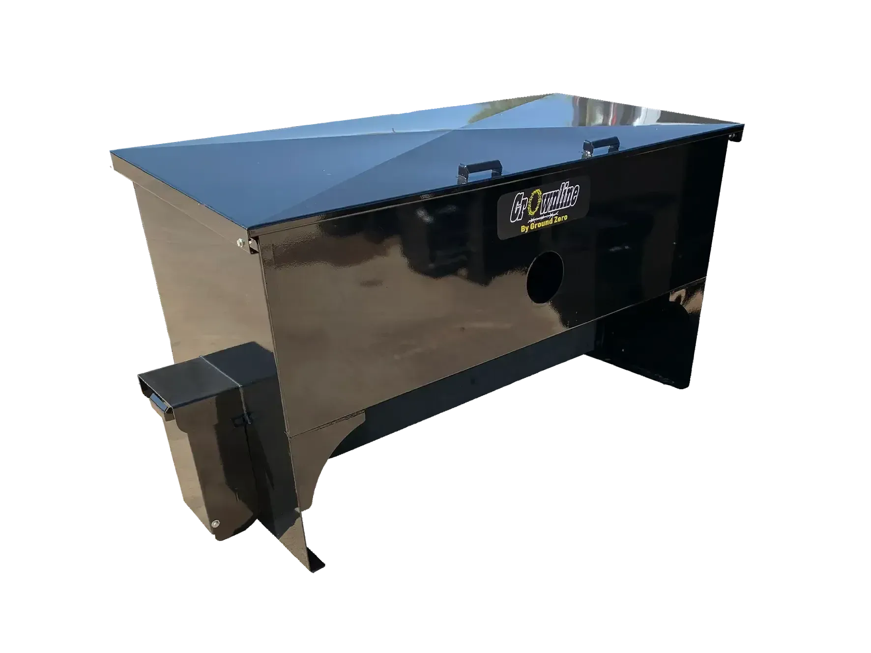 black cube feed box with Crownline decal in middle of feeder