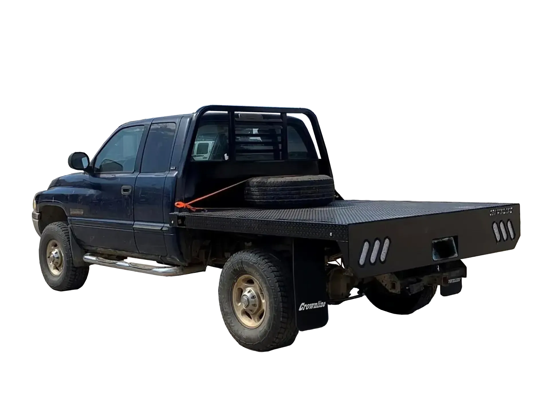 blue truck with black flatbed