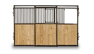 A wooden horse stall gate with a metal frame and a door on a white background.