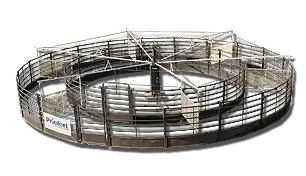 A round pen with a fence around it on a white background.
