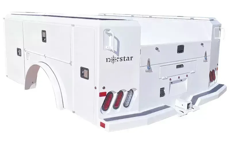 cutout image of norstar white service body truck bed with toolbox doors