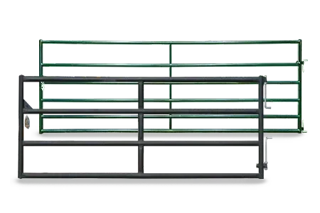 A pair of green and black metal gates on a white background.
