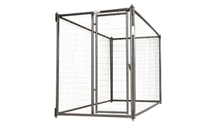 A metal dog kennel cage with a door on a white background.