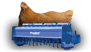 A chicken is behind a blue machine.