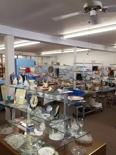 Thrift store interior with glassware display, shelves of items, and a ceiling fan.