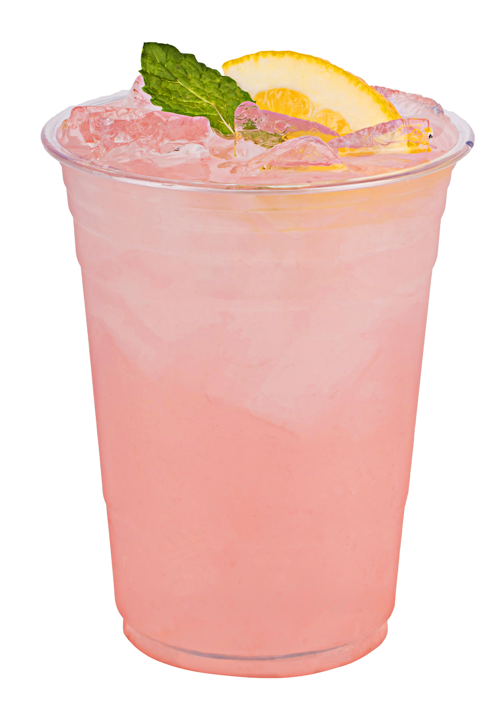 Pink lemonade in a clear plastic cup with ice, garnished with mint and a lemon slice.