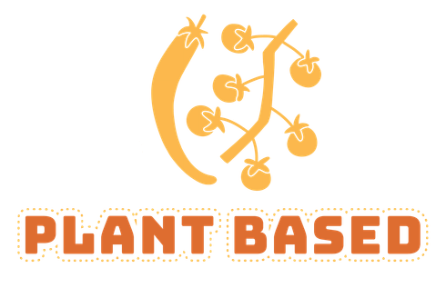 Plant-based food logo featuring a chili pepper and tomatoes in orange, text 