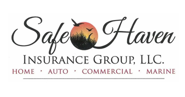 Safe Haven Insurance Group, LLC logo with sunset and sailboat, listing Home, Auto, Commercial, Marine
