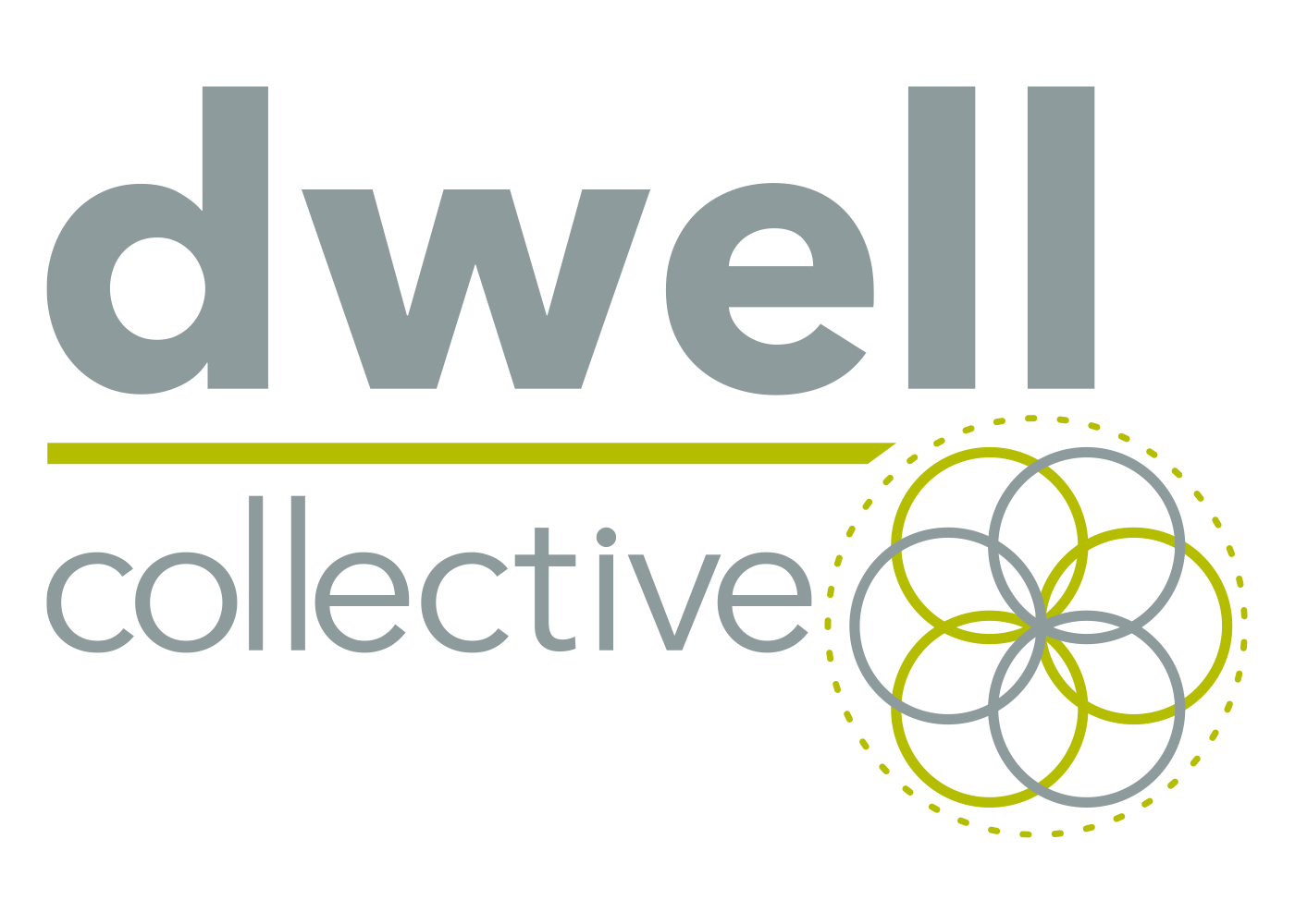 A logo for dwell collective with a flower in the middle.