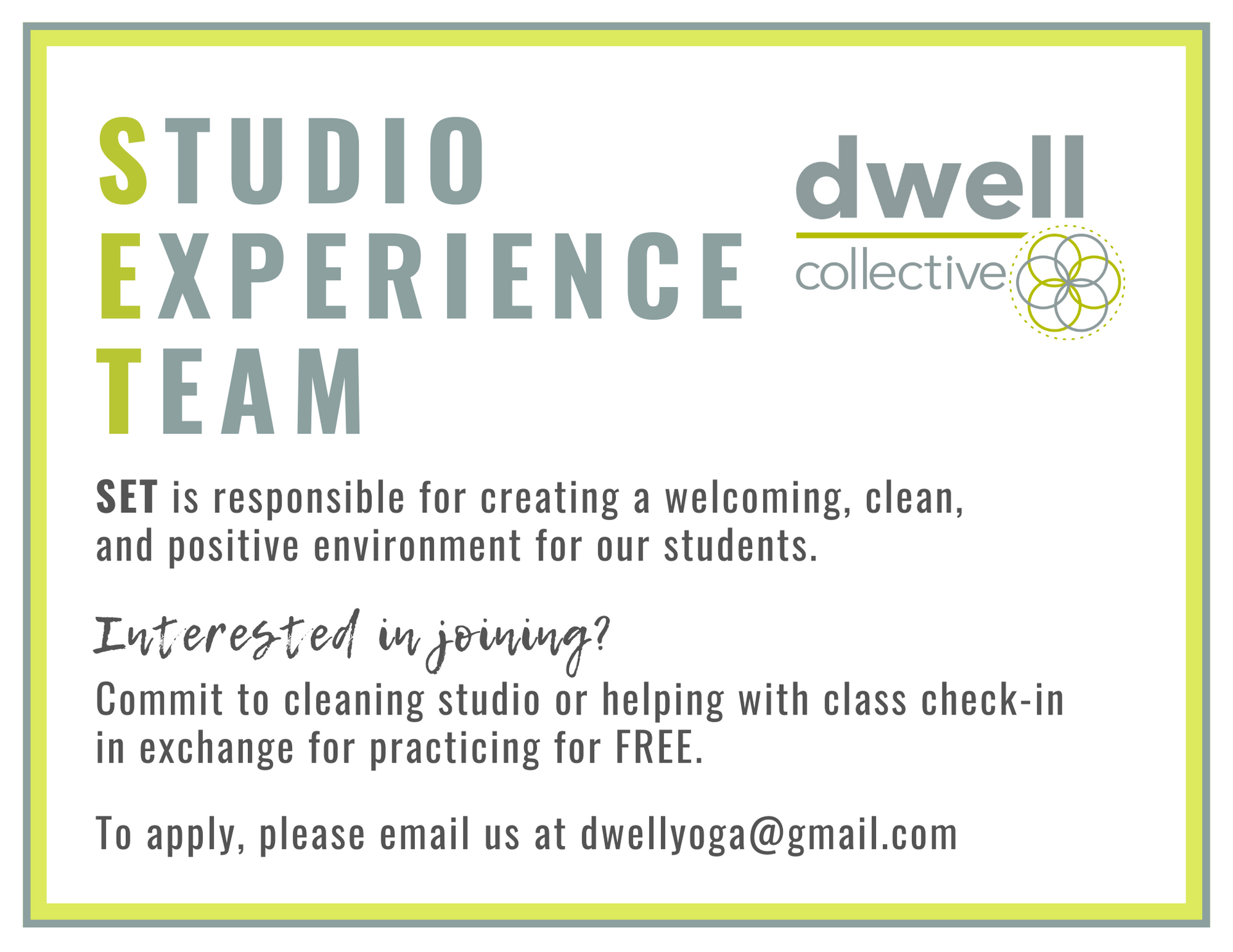 An advertisement for a studio experience team for dwell collective