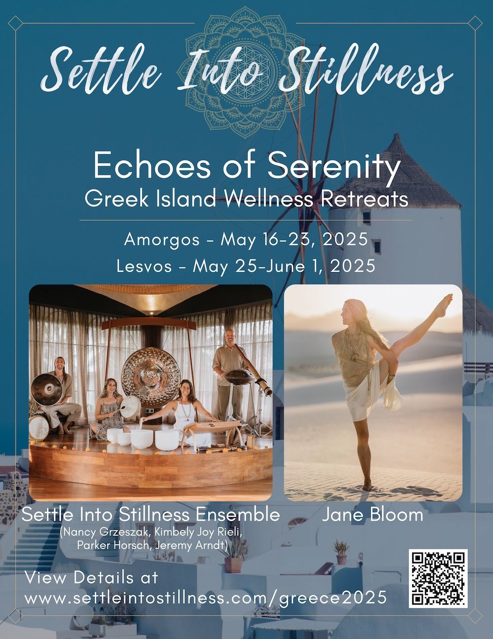 A poster for echoes of serenity greek island wellness retreats