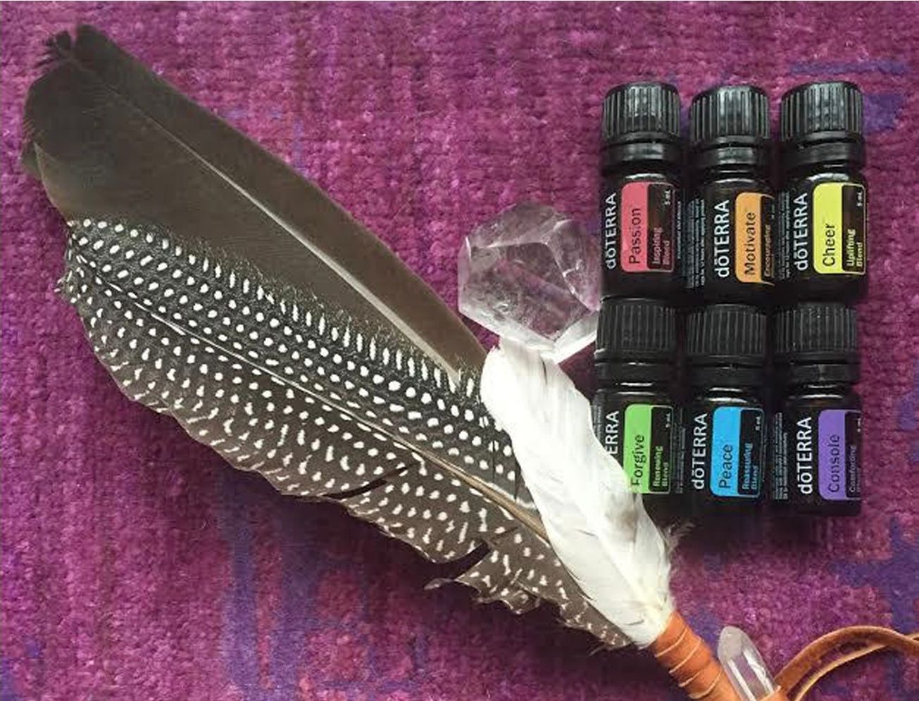 A feather is sitting next to a row of doterra essential oils