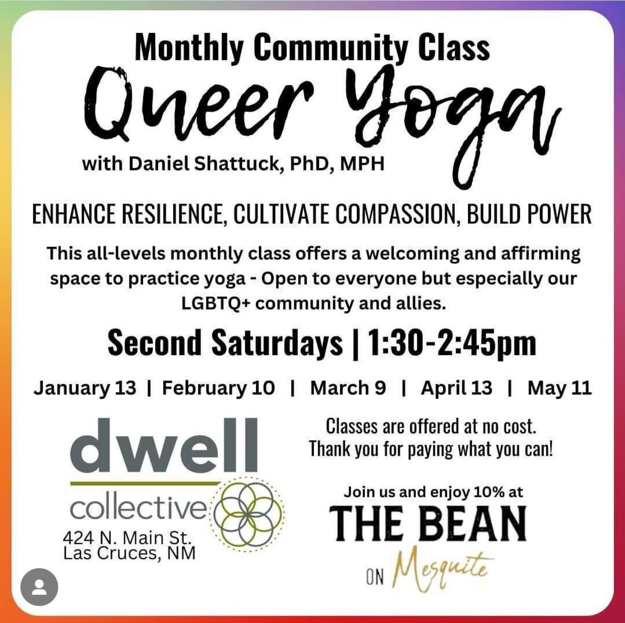 A poster for a monthly community class on queer yoga