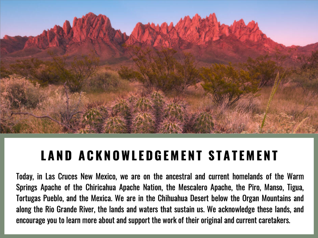 A land acknowledgement statement with a mountain in the background