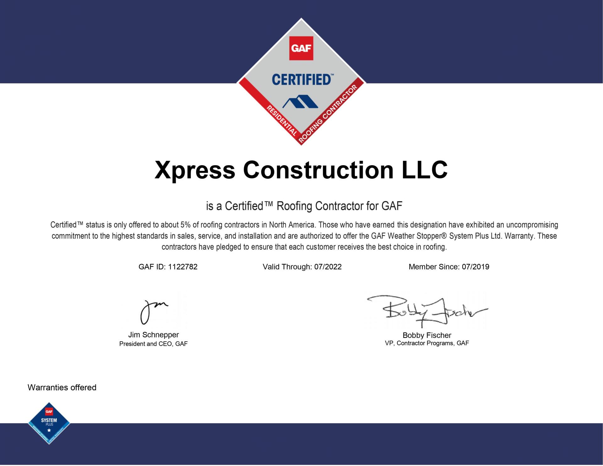 LEED Certified certification page for Xpress Construction LLC on a white background with blue accents and signatures