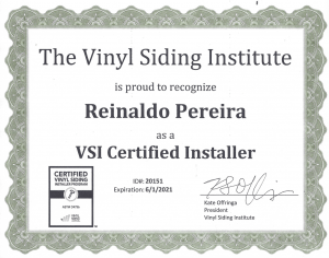 The Vinyl Siding Institute certificate recognizing Reinaldo Pereira as a VSI Certified Installer