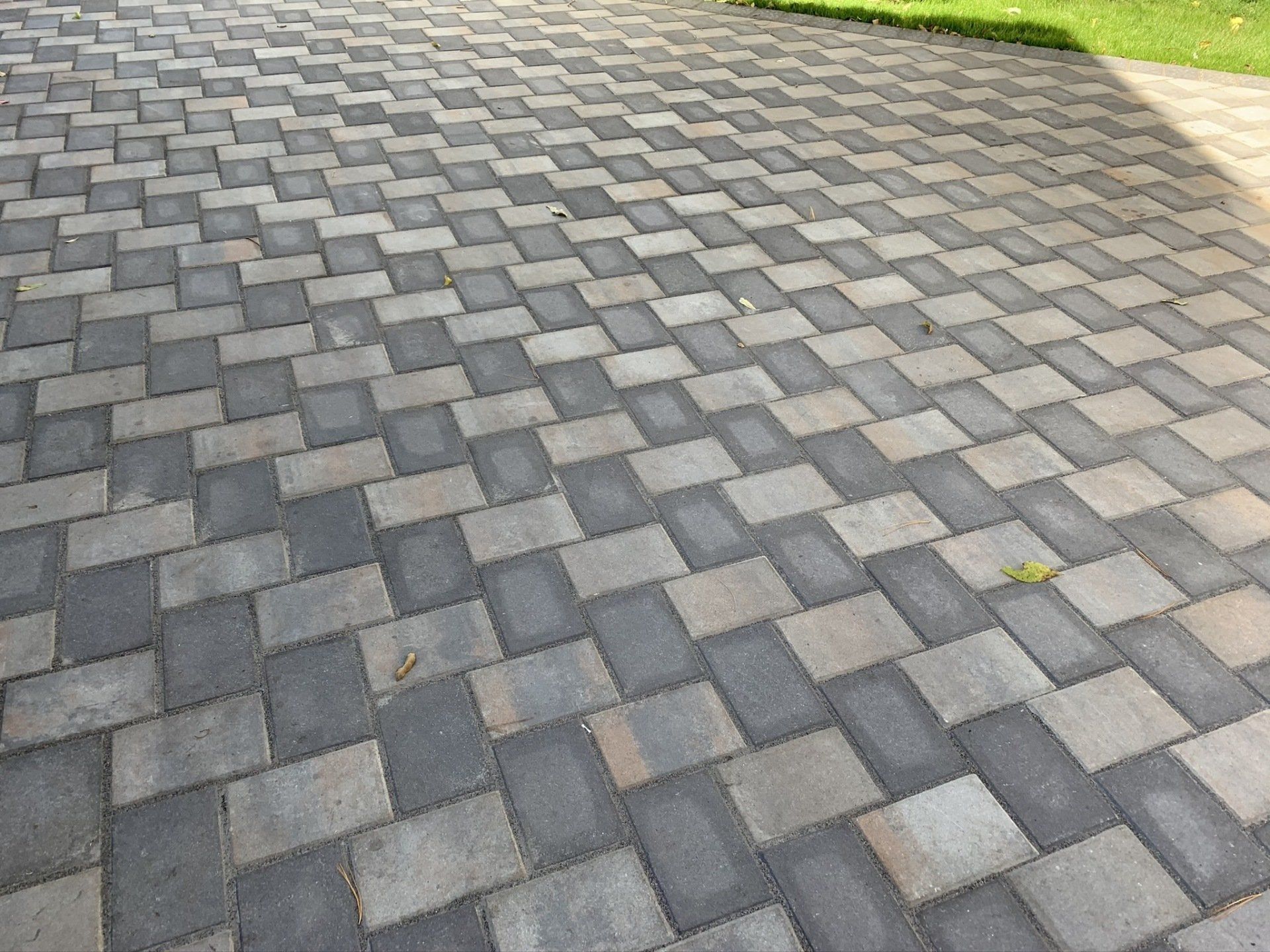 Gray and tan interlocking pavers forming a paved walkway with grass at the edge