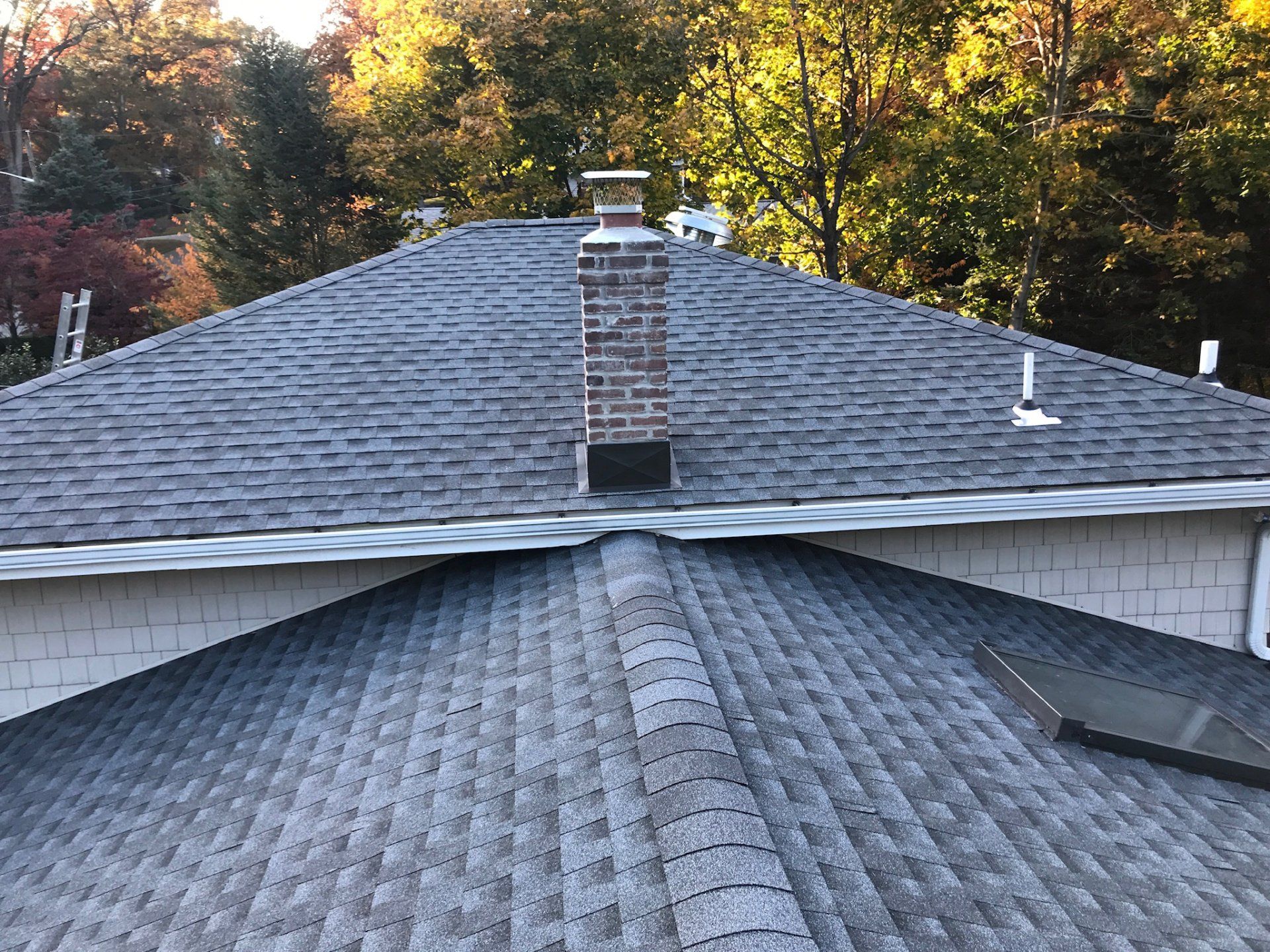 Rooftops with gray shingles and brick chimney, backed by autumn trees.