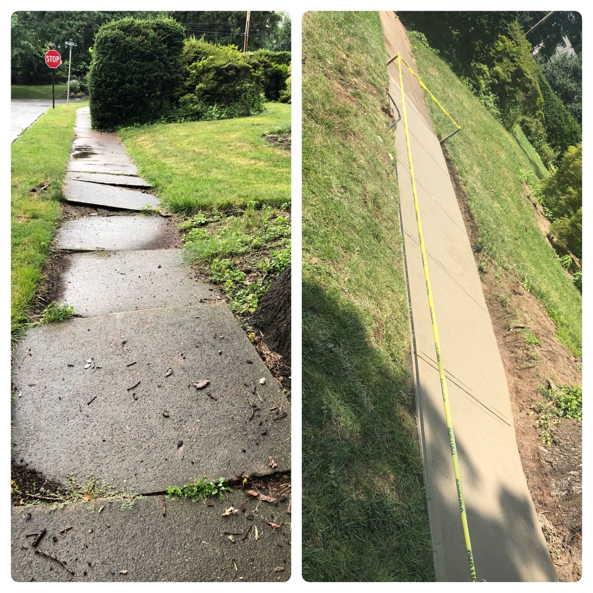 Broken, uneven sidewalk next to a sloped grassy embankment after heavy rain, with a road nearby.